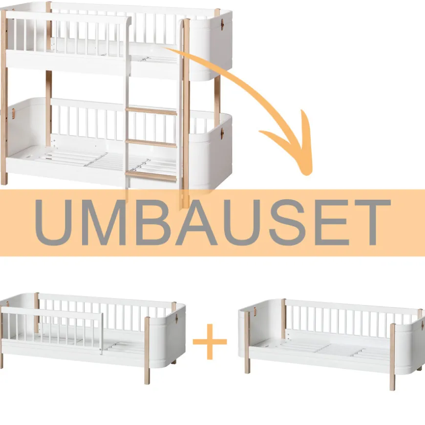 Oliver Furniture Umbauset Wood Mini+ halbhohes Etagenbett zu 2 Juniorbetten Weiu00df/Eiche